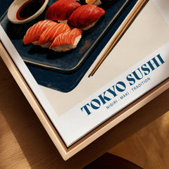 Tokyo Sushi Japanese Kitchen Wall Art - closeup framed canvas natural wood floating frame