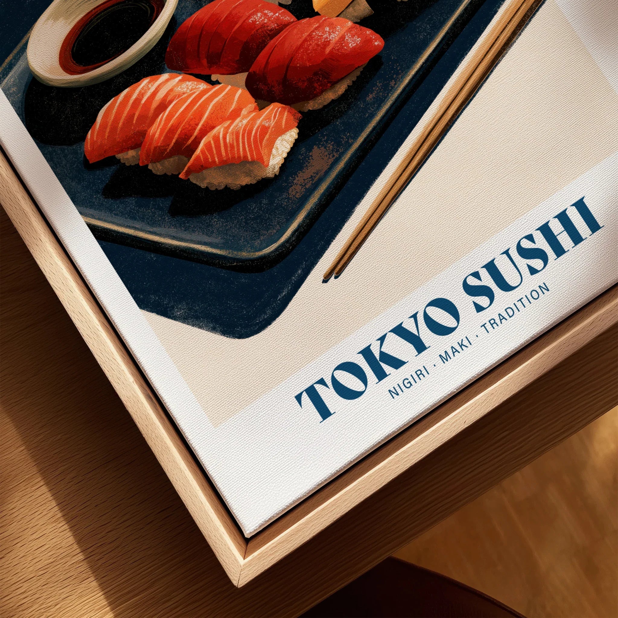 Tokyo Sushi Japanese Kitchen Wall Art - closeup framed canvas natural wood floating frame