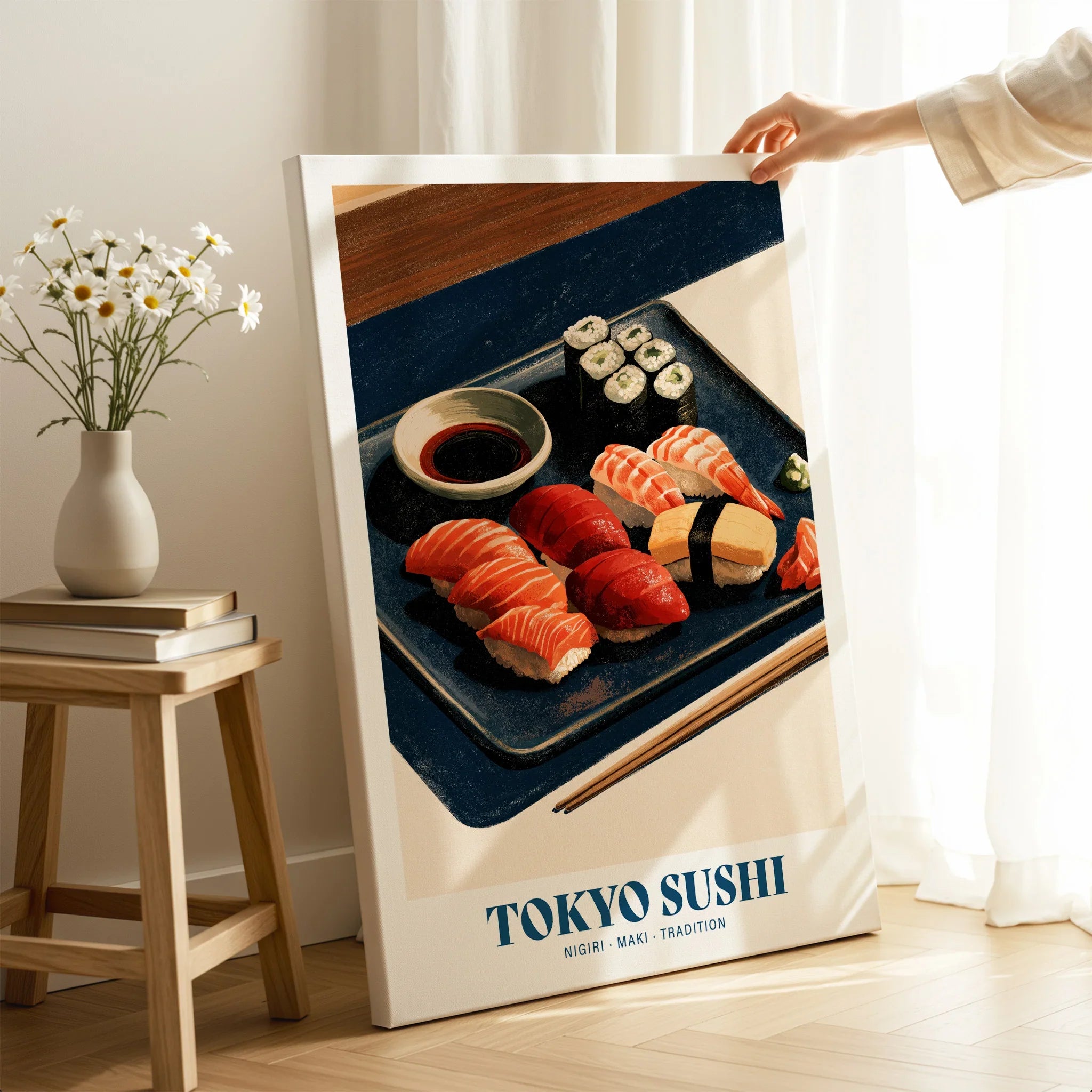Tokyo Sushi Japanese Kitchen Wall Art - canvas print mirror edge hand holding room setting
