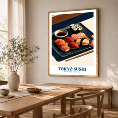 Tokyo Sushi Japanese Kitchen Wall Art - dining room framed print natural wood frame mockup ThisArtWorld