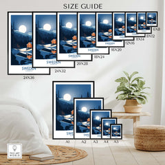 Size guide for Sweden art print showcasing various frame sizes in a cozy home setting.