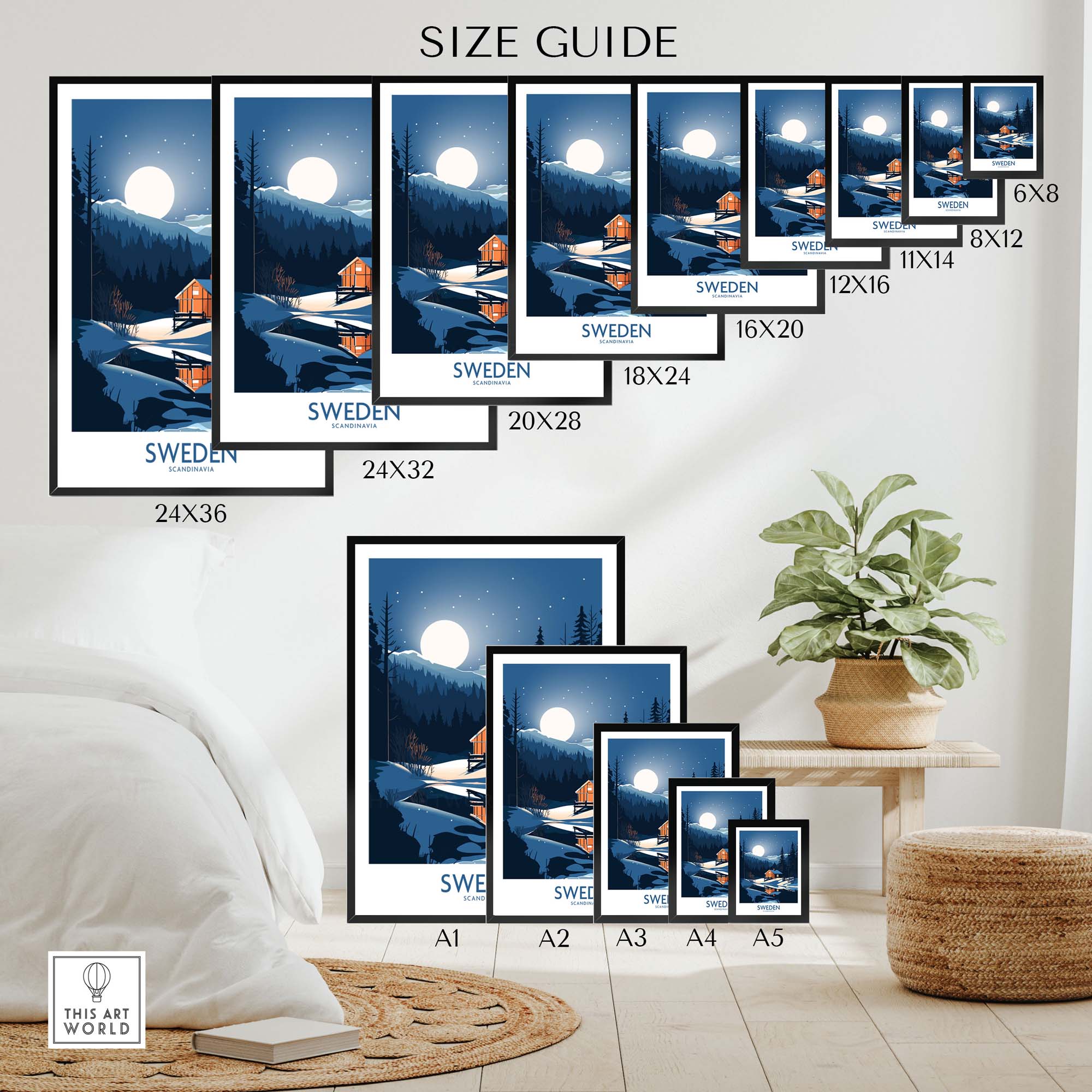 Size guide for Sweden art print showcasing various frame sizes in a cozy home setting.