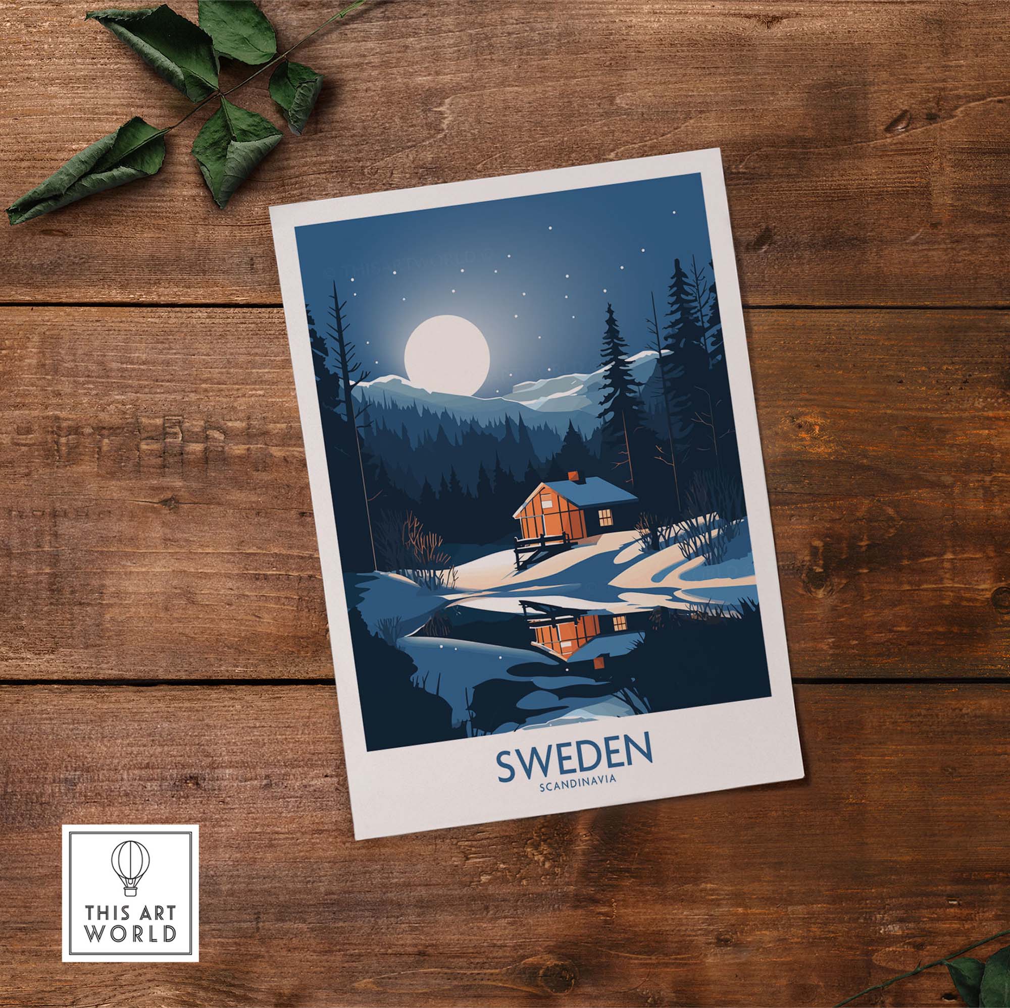 Sweden art print featuring a cozy cabin, moonlight, and trees, showcasing Scandinavian style decor.