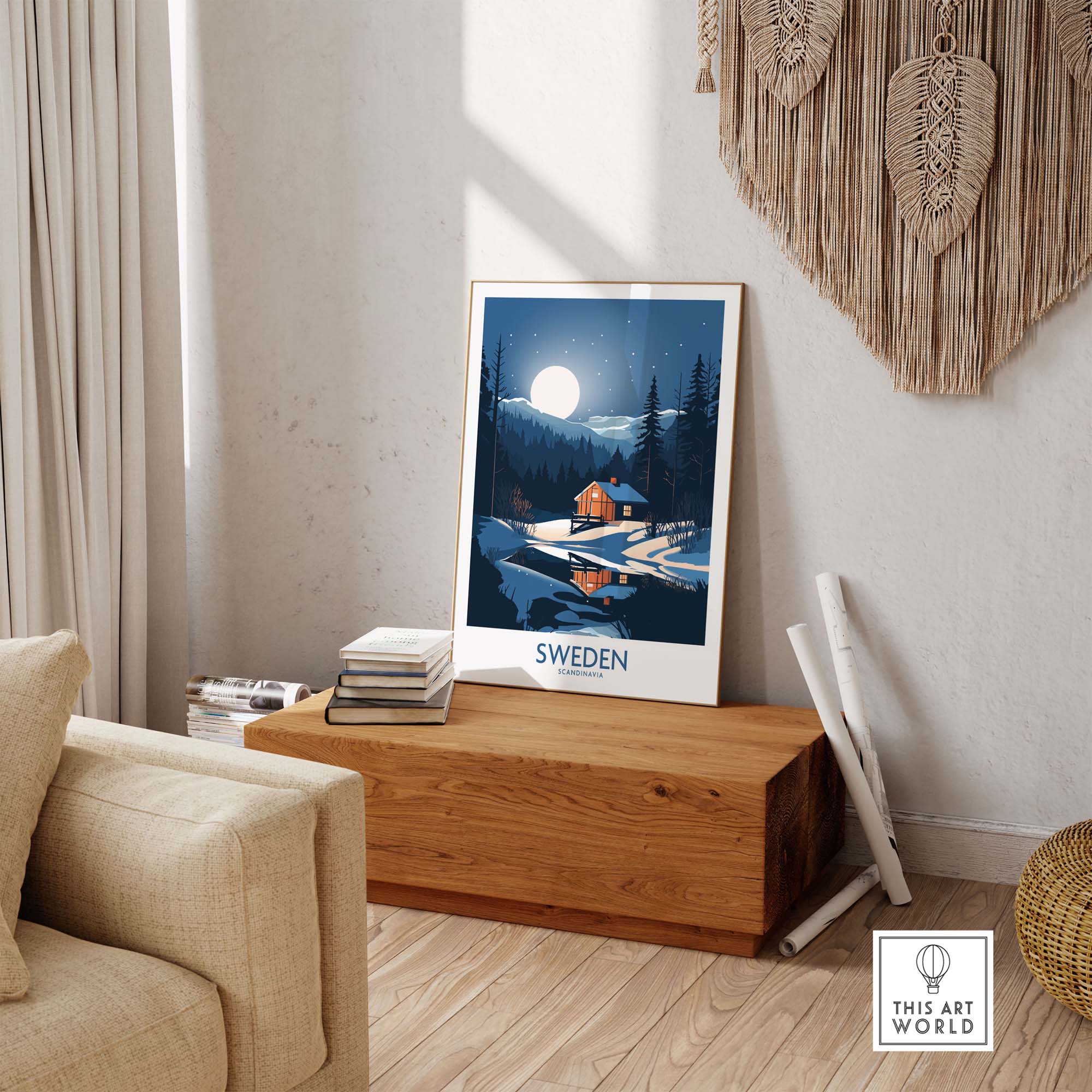 Sweden art print in modern decor, showcasing vibrant colors and Scandinavian elements in a cozy living space.
