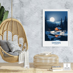 Sweden art print in a modern interior with a hanging chair and natural decor, showcasing Scandinavian design aesthetics.