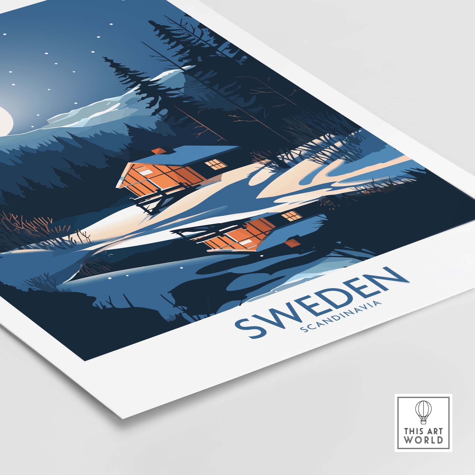 Sweden art print featuring a serene landscape with a cozy cabin and vibrant colors, perfect for modern Scandinavian decor.