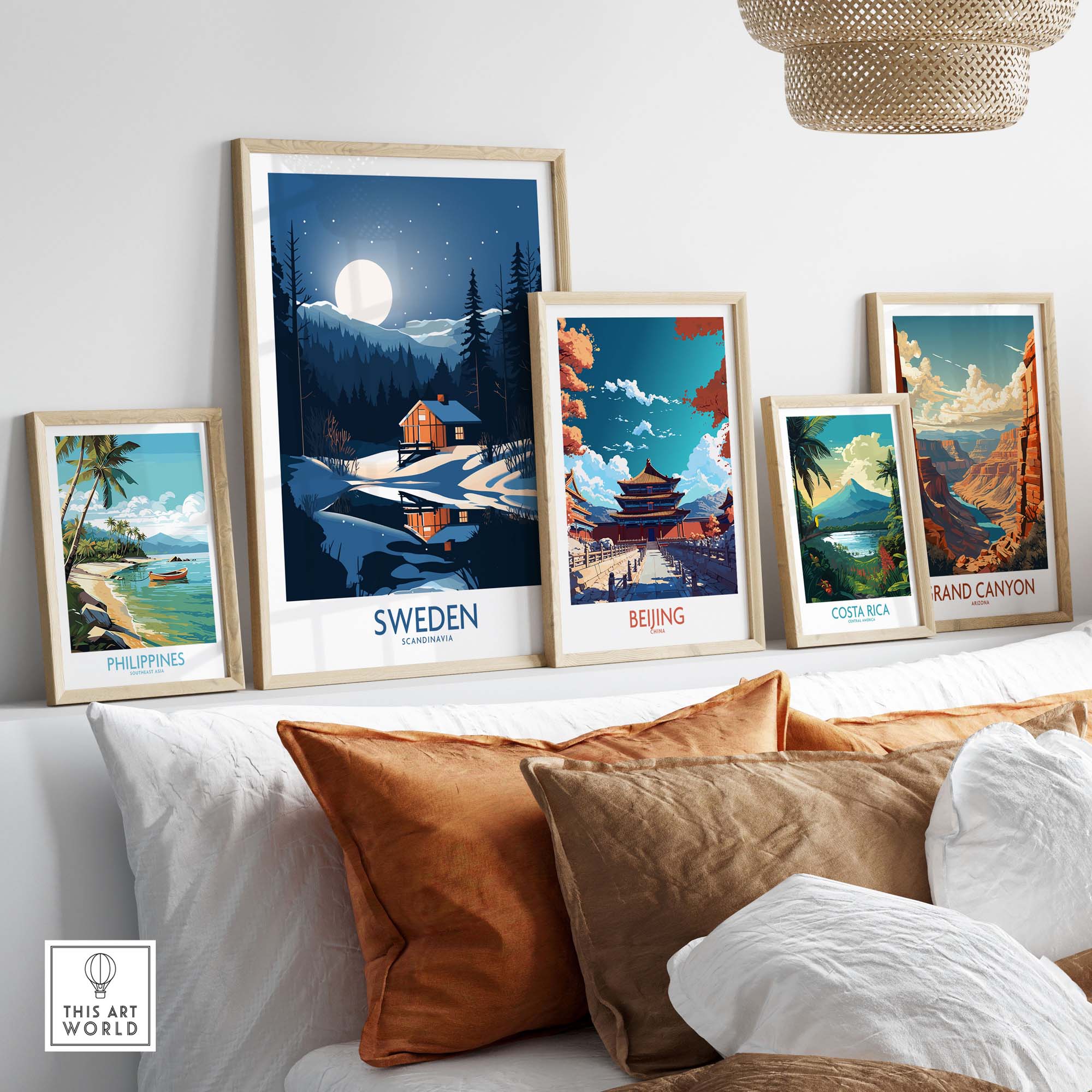 Scandinavian art prints displayed on a wall, featuring Sweden, Beijing, Costa Rica, Philippines, and Grand Canyon.