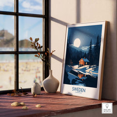 Framed Sweden art print featuring a scenic cabin landscape, perfect for Scandinavian decor in modern interiors.