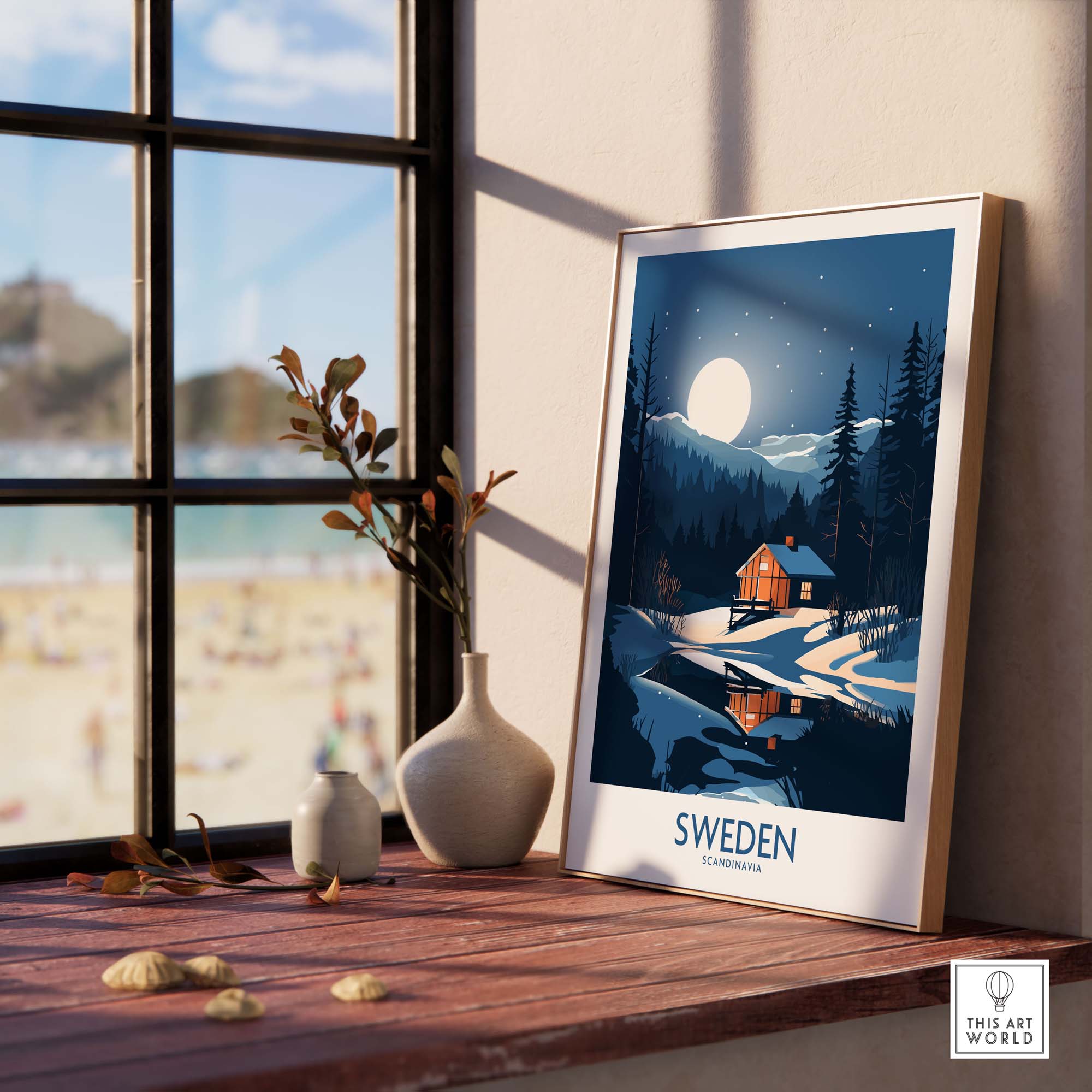 Framed Sweden art print featuring a scenic cabin landscape, perfect for Scandinavian decor in modern interiors.