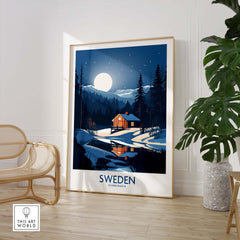 Sweden art print featuring a tranquil night scene with a cabin by the water, showcasing Scandinavian style and vibrant colors.