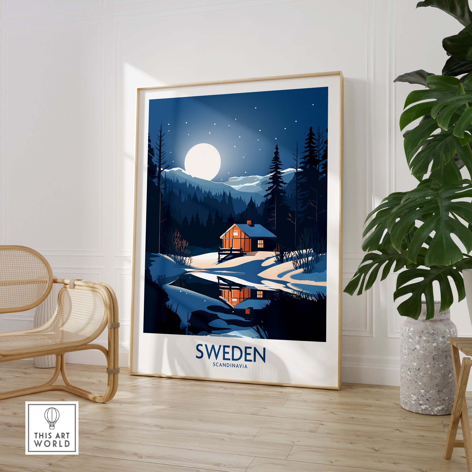Sweden art print featuring a tranquil night scene with a cabin by the water, showcasing Scandinavian style and vibrant colors.