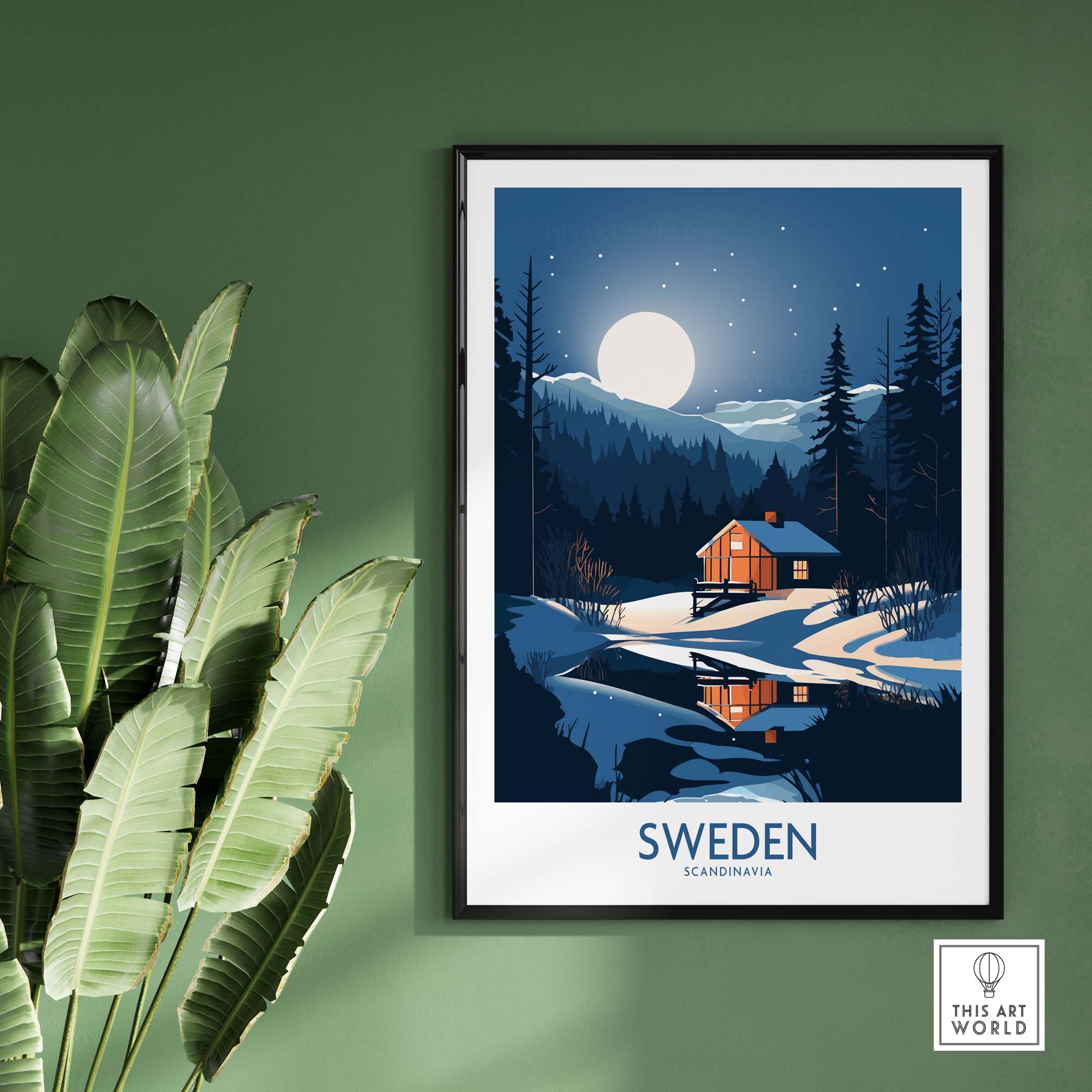Sweden art print featuring a serene winter landscape with a cabin and moonlit sky, framed and displayed against green wall.