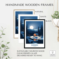 Sweden art print framed in three styles: natural, white, and black wood frames with clear glaze.