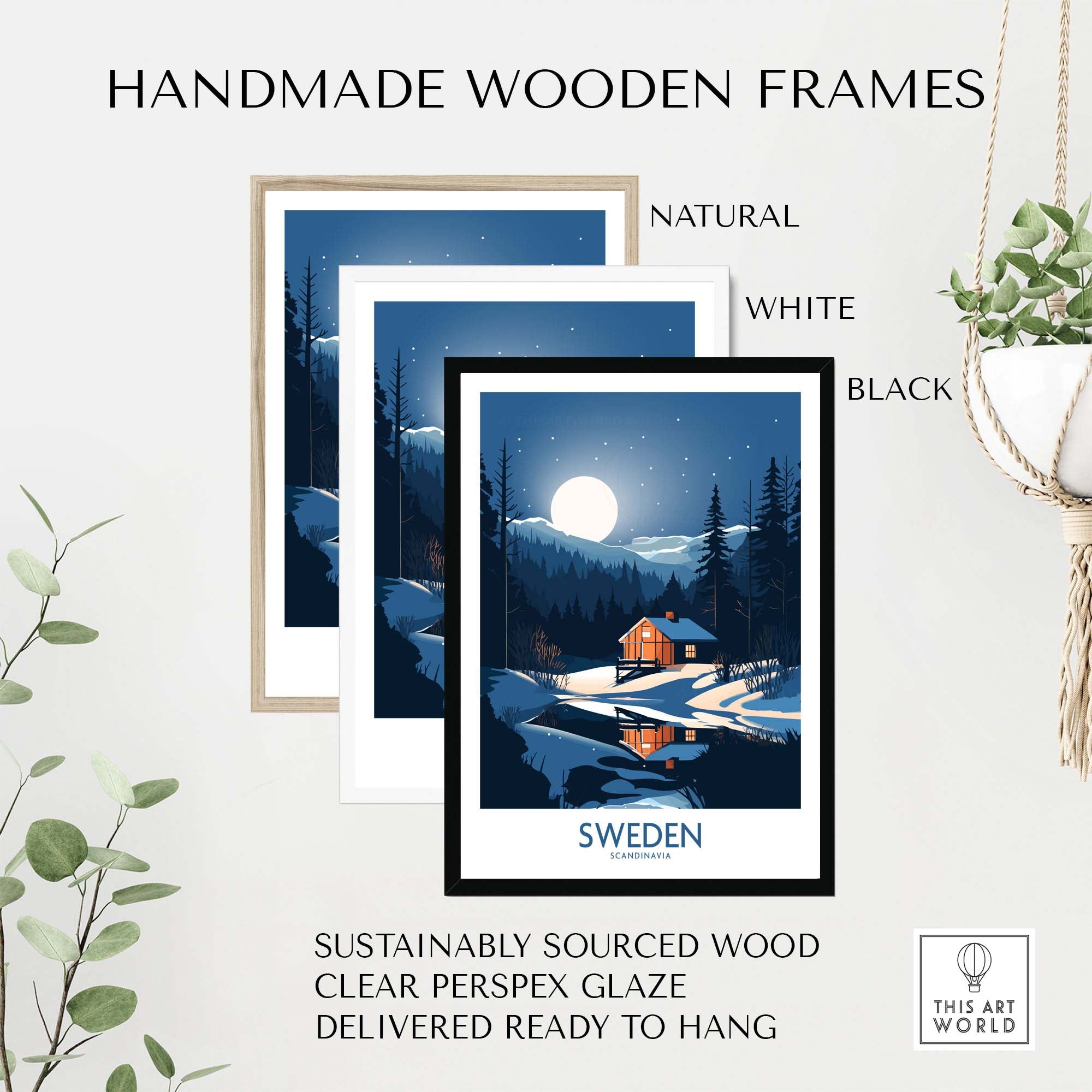 Sweden art print framed in three styles: natural, white, and black wood frames with clear glaze.