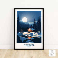 Sweden art print featuring a cozy cabin under a full moon, showcasing Scandinavian design and vibrant colors.
