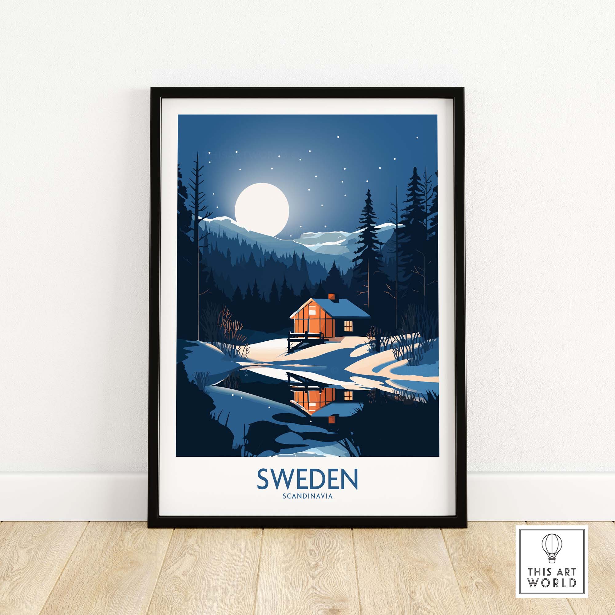 Sweden art print featuring a cozy cabin under a full moon, showcasing Scandinavian design and vibrant colors.