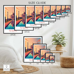 Taj Mahal poster print size guide showcasing various frame sizes for modern wall art decor.