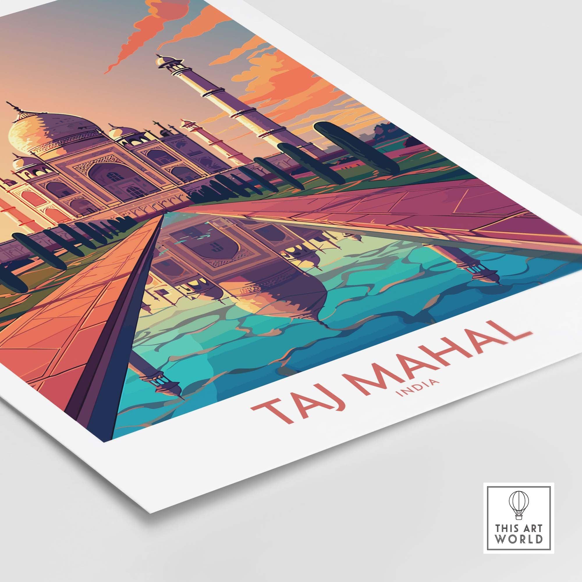 Vibrant modern Taj Mahal poster print showcasing India's iconic monument with beautiful reflections in water.