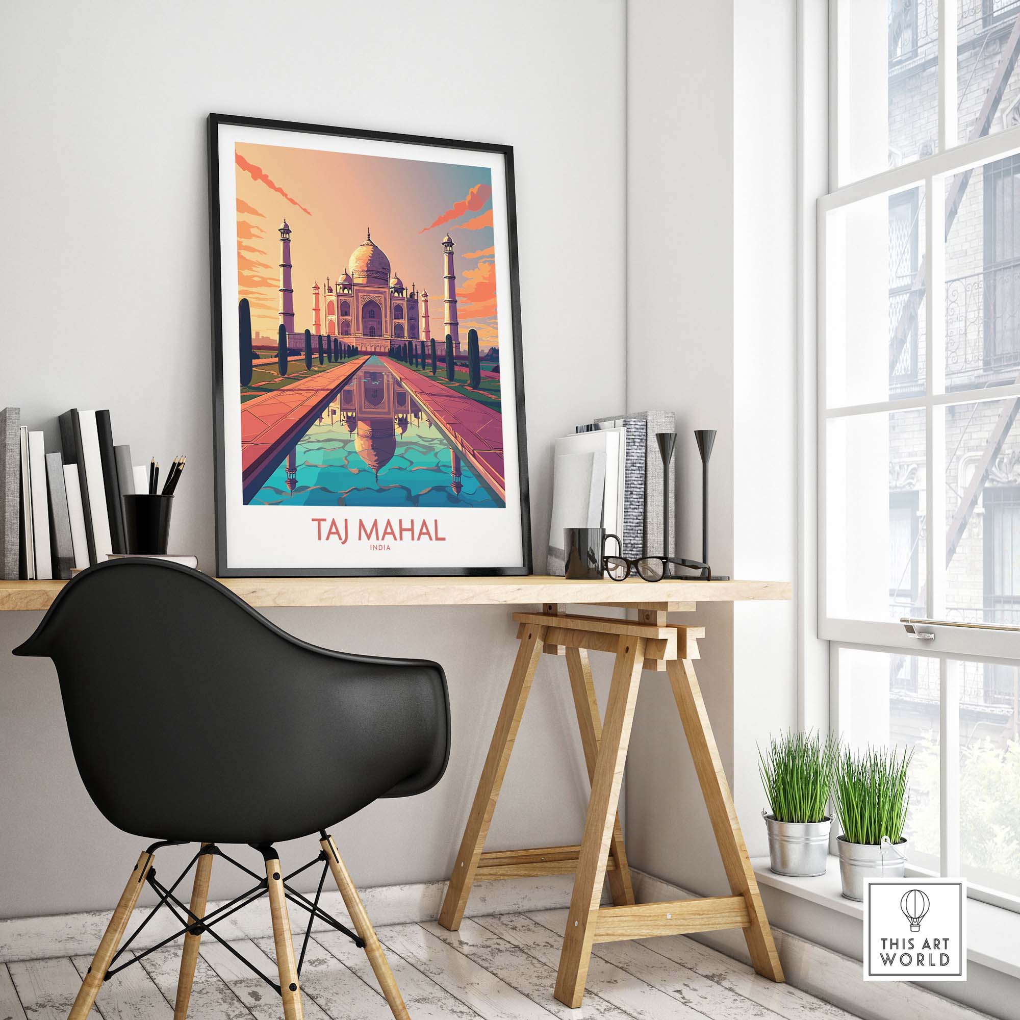 Taj Mahal poster print in modern style displayed on a wall in a stylish home office setup.