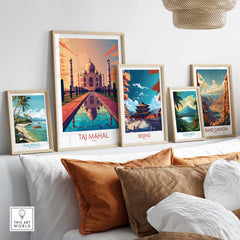 Taj Mahal poster print displayed with travel art from various destinations on a stylish decor setup.
