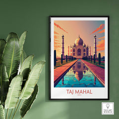 Taj Mahal poster print in modern style showcasing India's iconic monument with vibrant colors and reflections.