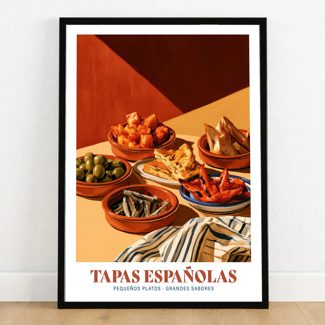 Spanish Tapas Kitchen Wall Art - art print in black frame on wooden floor