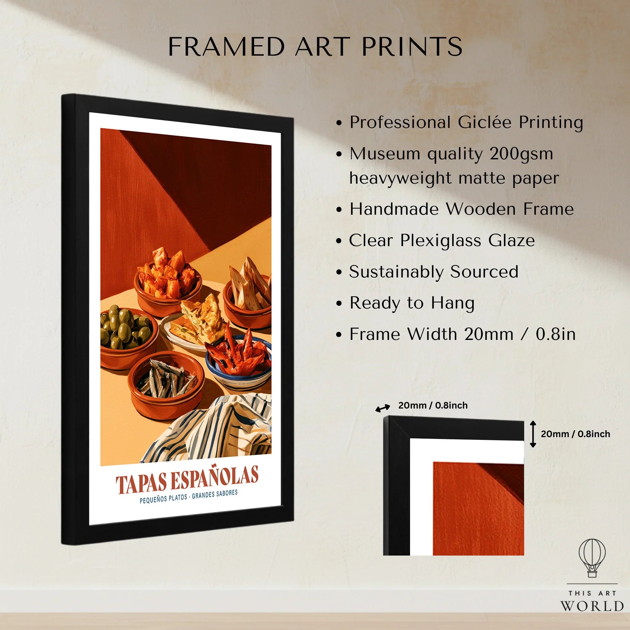 Spanish Tapas Kitchen Wall Art - framed print details measurements quality details