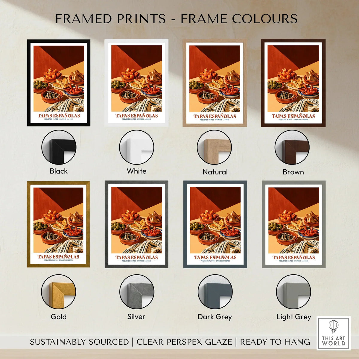 Spanish Tapas Kitchen Wall Art - framed print colour options