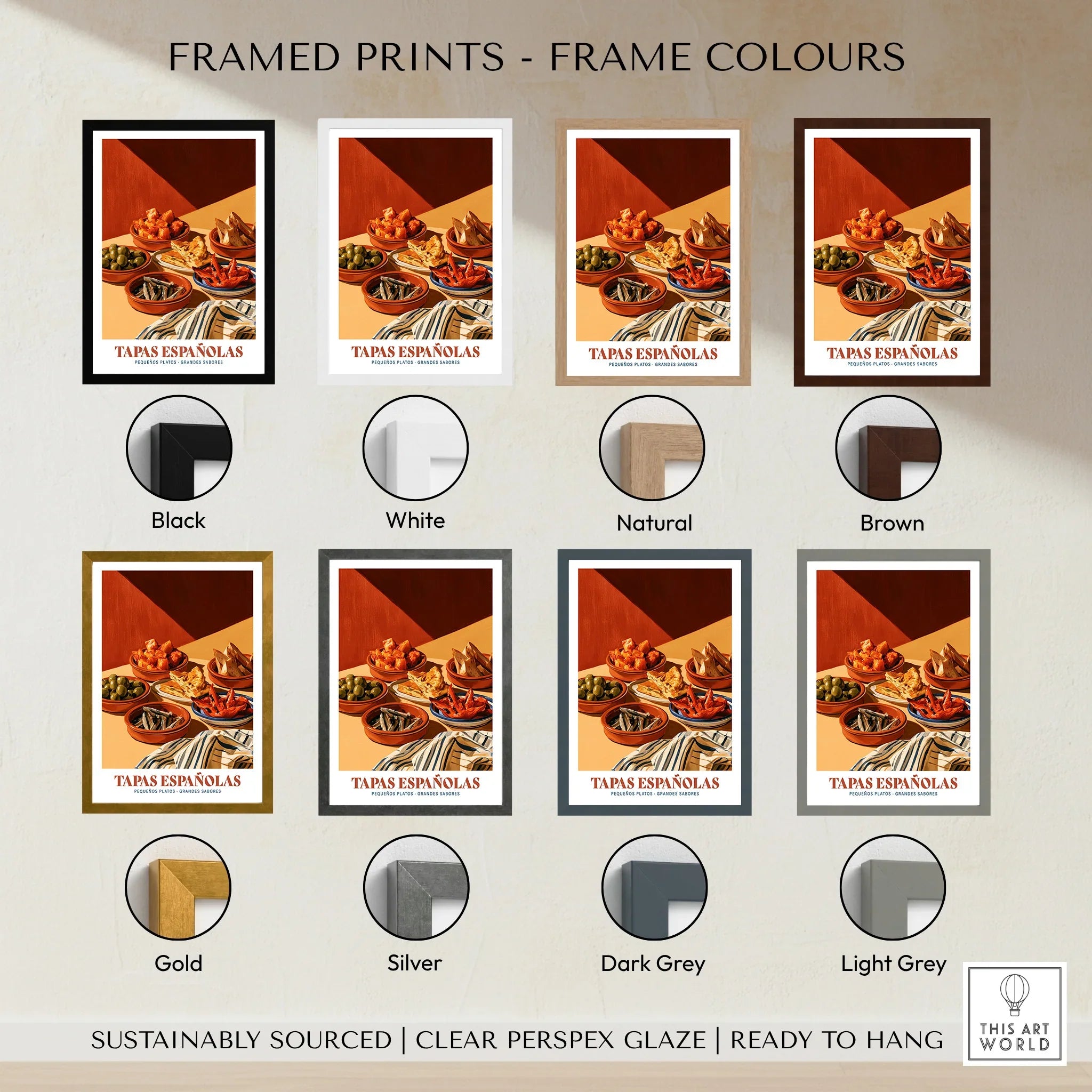 Spanish Tapas Kitchen Wall Art - framed print colour options