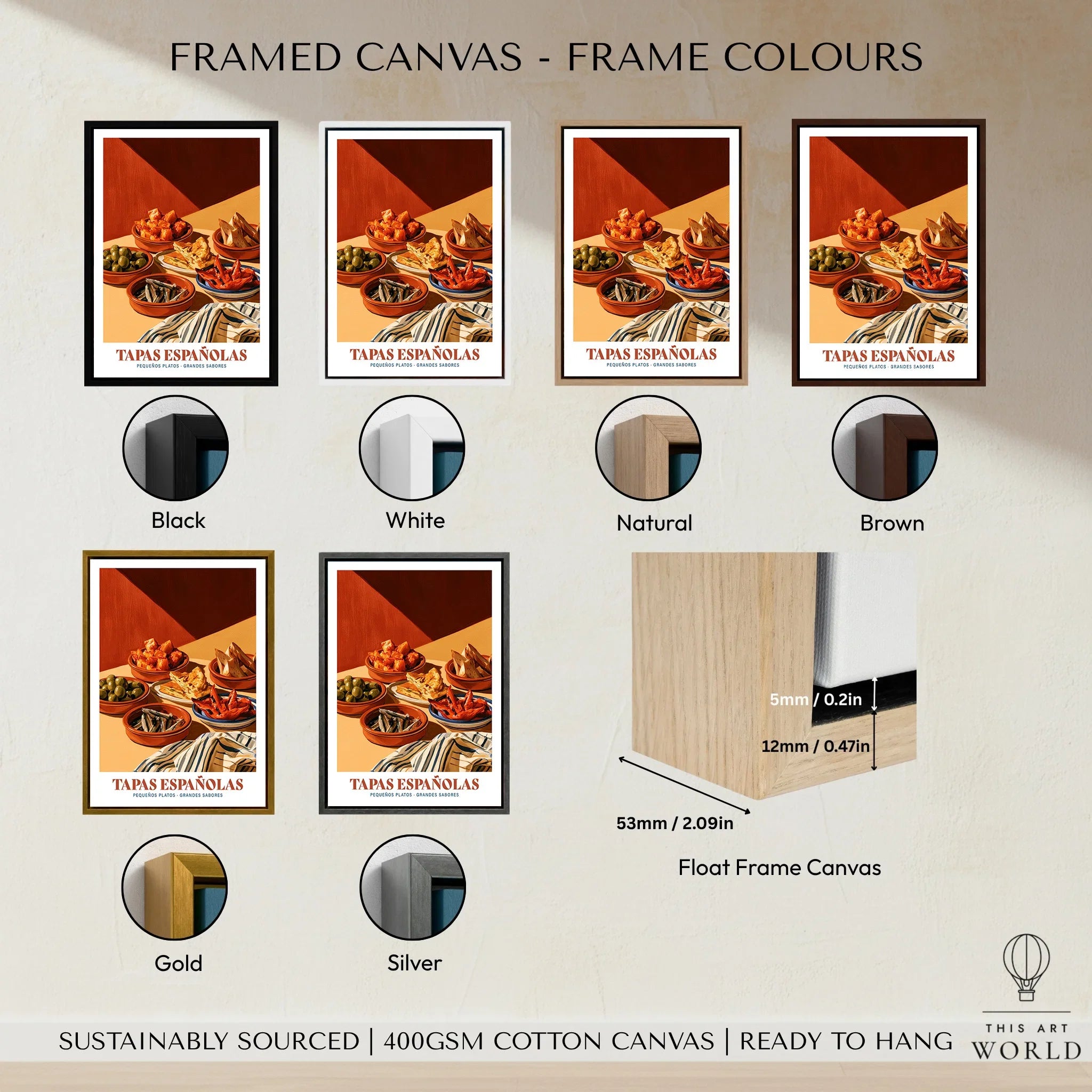 Spanish Tapas Kitchen Wall Art - framed canvas float frame colour options