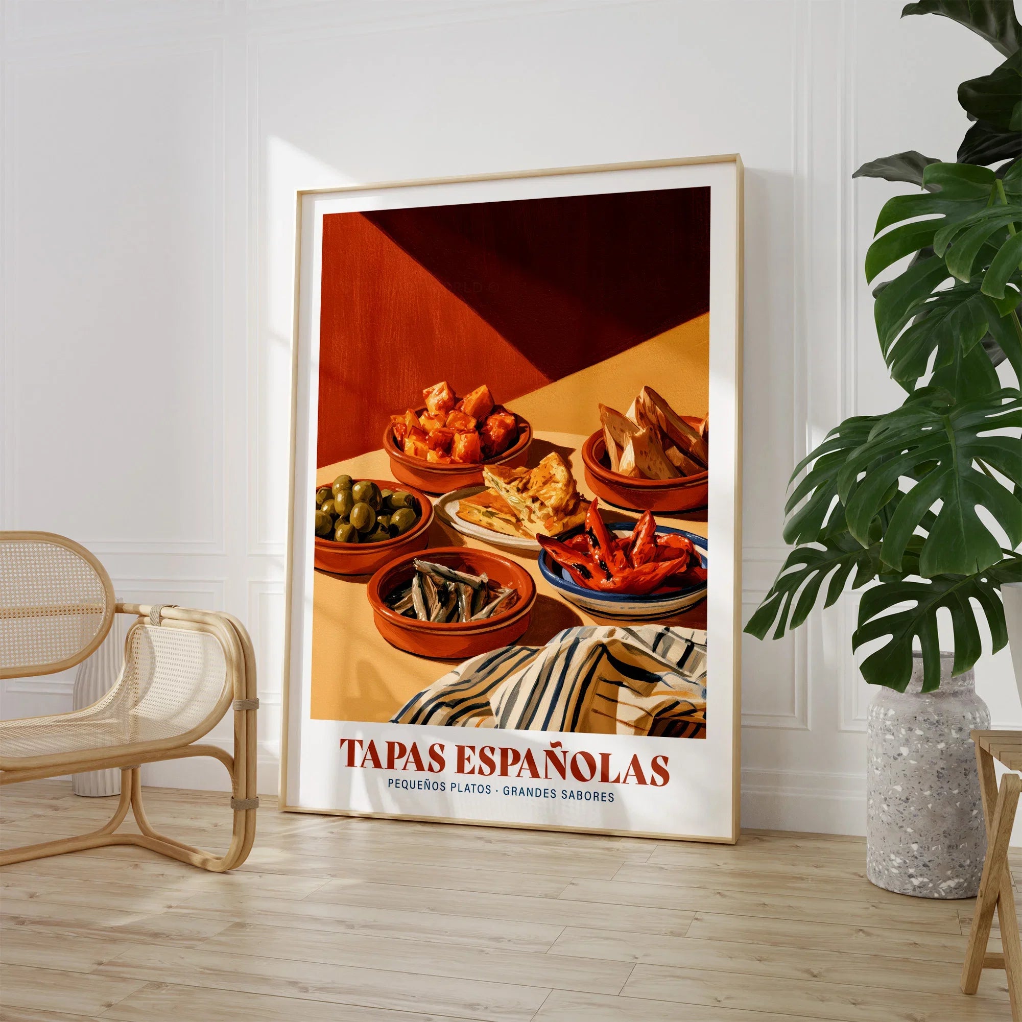 Spanish Tapas Kitchen Wall Art - large framed print room setting chair plant