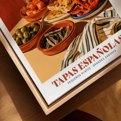 Spanish Tapas Kitchen Wall Art - closeup framed canvas natural wood floating frame