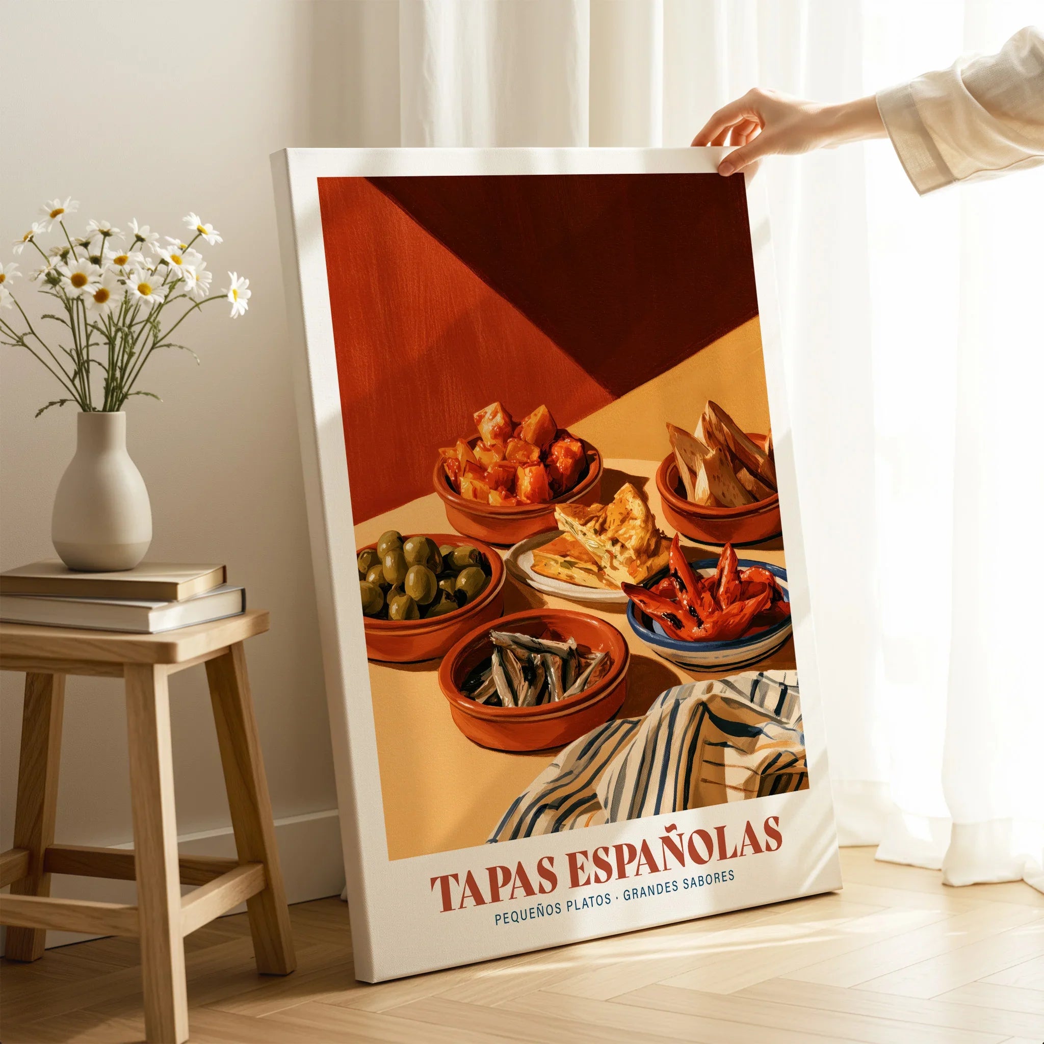 Spanish Tapas Kitchen Wall Art - canvas print mirror edge hand holding room setting