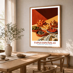 Spanish Tapas Kitchen Wall Art - dining room framed print natural wood frame mockup ThisArtWorld