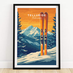 Telluride Travel Poster -  Colorado featuring vibrant ski design and mountain backdrop, perfect for home or office decor.