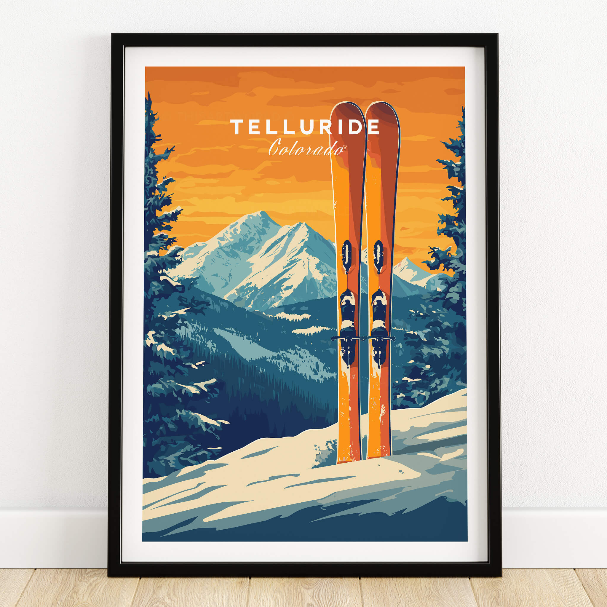 Telluride Travel Poster -  Colorado featuring vibrant ski design and mountain backdrop, perfect for home or office decor.