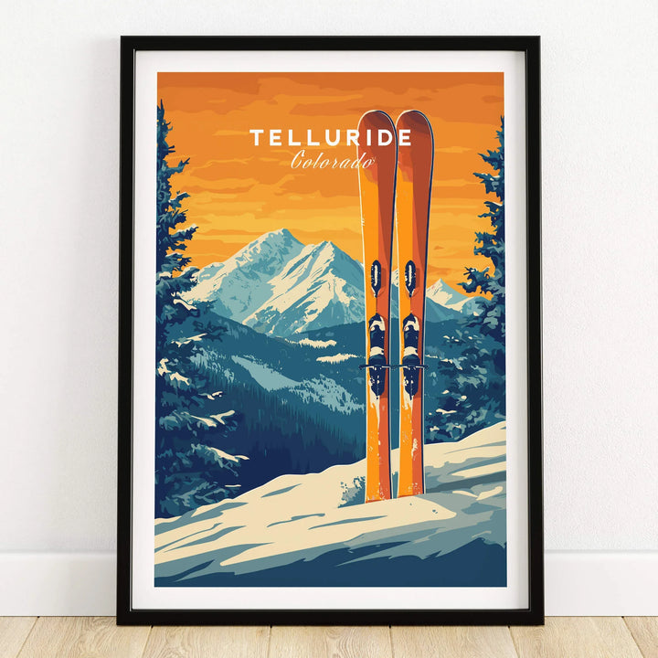 Telluride Travel Poster -  Colorado featuring vibrant ski design and mountain backdrop, perfect for home or office decor.