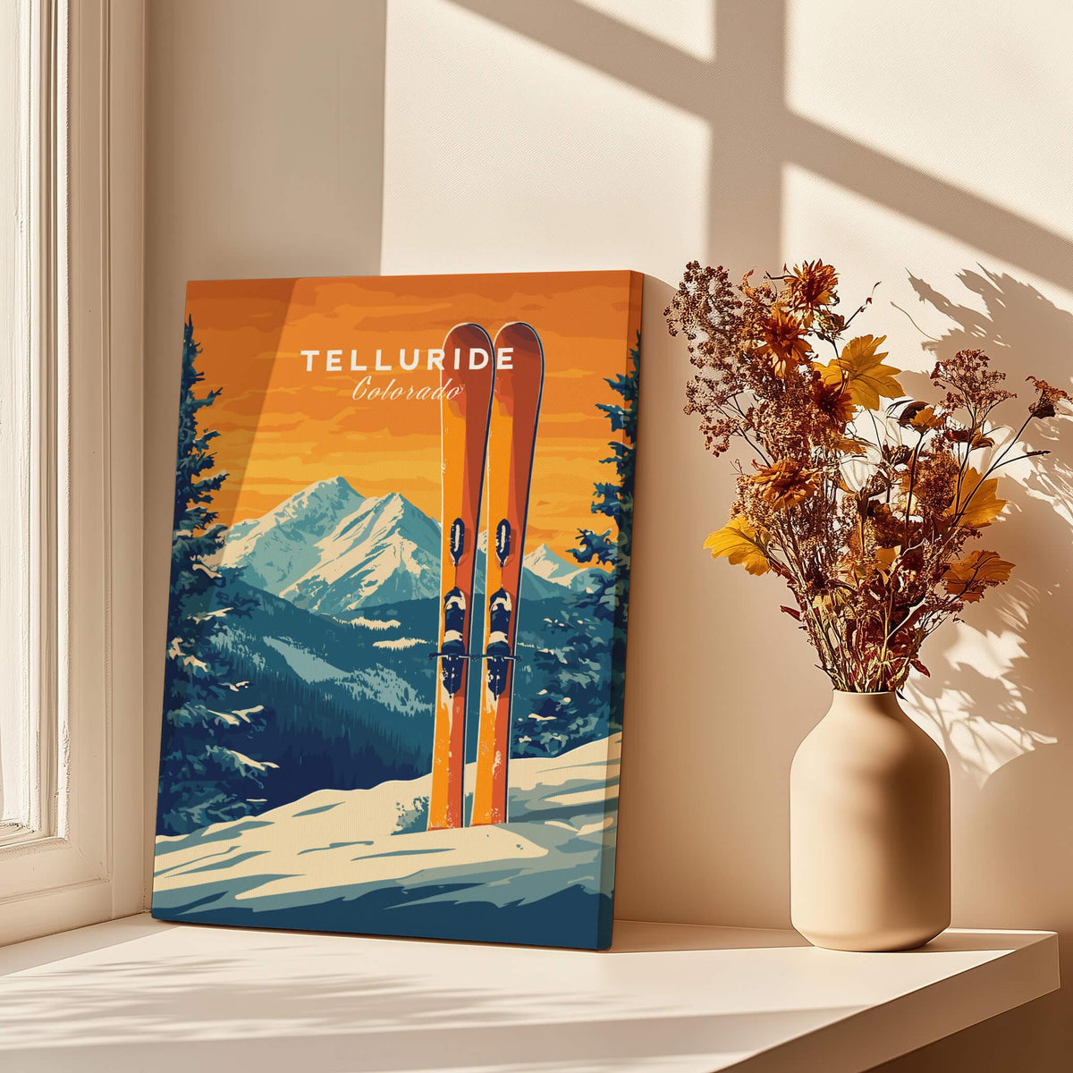 Telluride Travel Poster - Colorado featuring vibrant ski imagery and mountain scenery in a warm color palette.