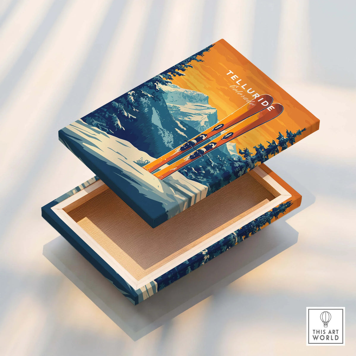 Telluride Travel Poster - Colorado showcasing vibrant ski artwork on a box design, perfect for ski enthusiasts.