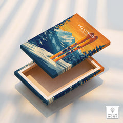 Telluride Travel Poster - Colorado showcasing vibrant ski artwork on a box design, perfect for ski enthusiasts.