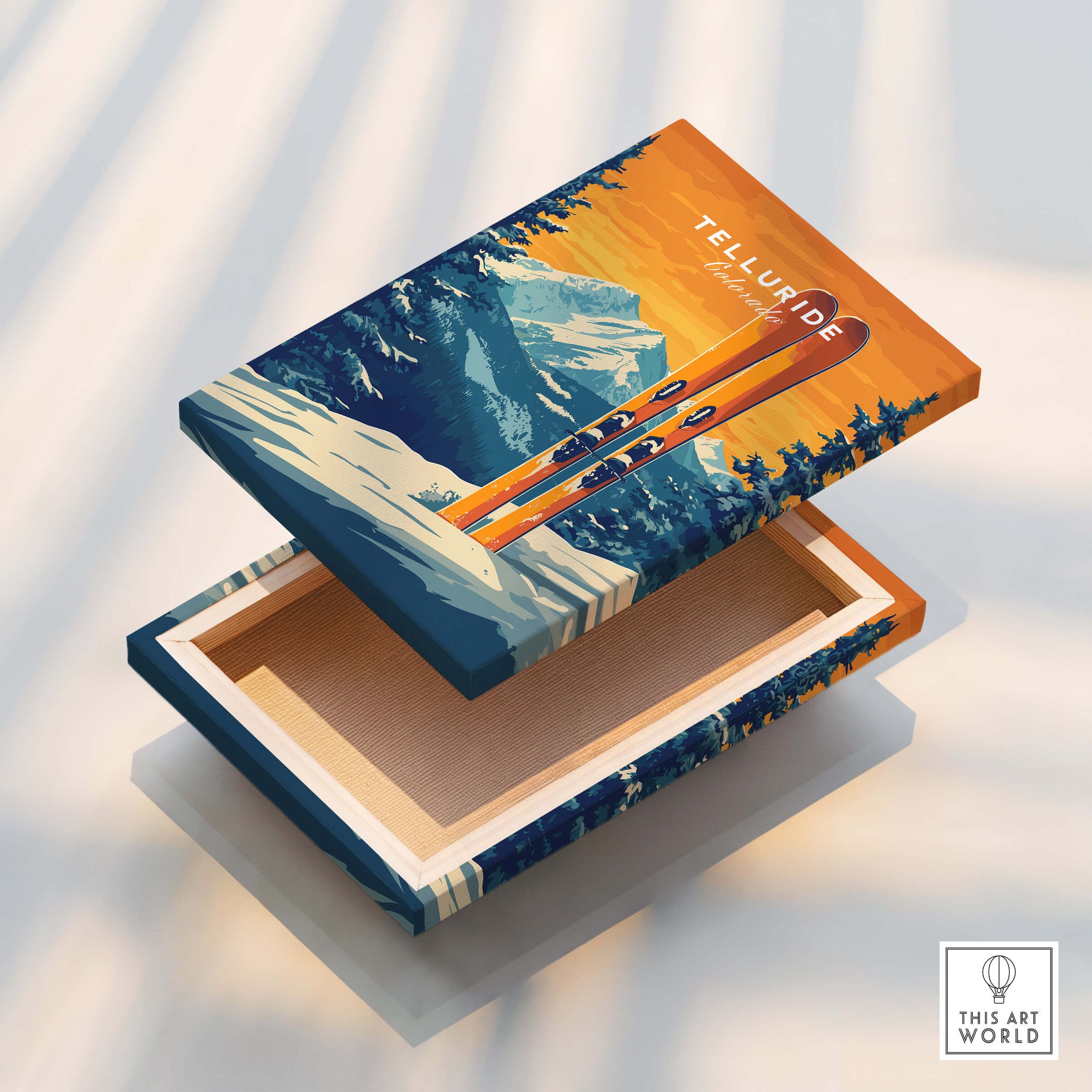 Telluride Travel Poster - Colorado showcasing vibrant ski artwork on a box design, perfect for ski enthusiasts.