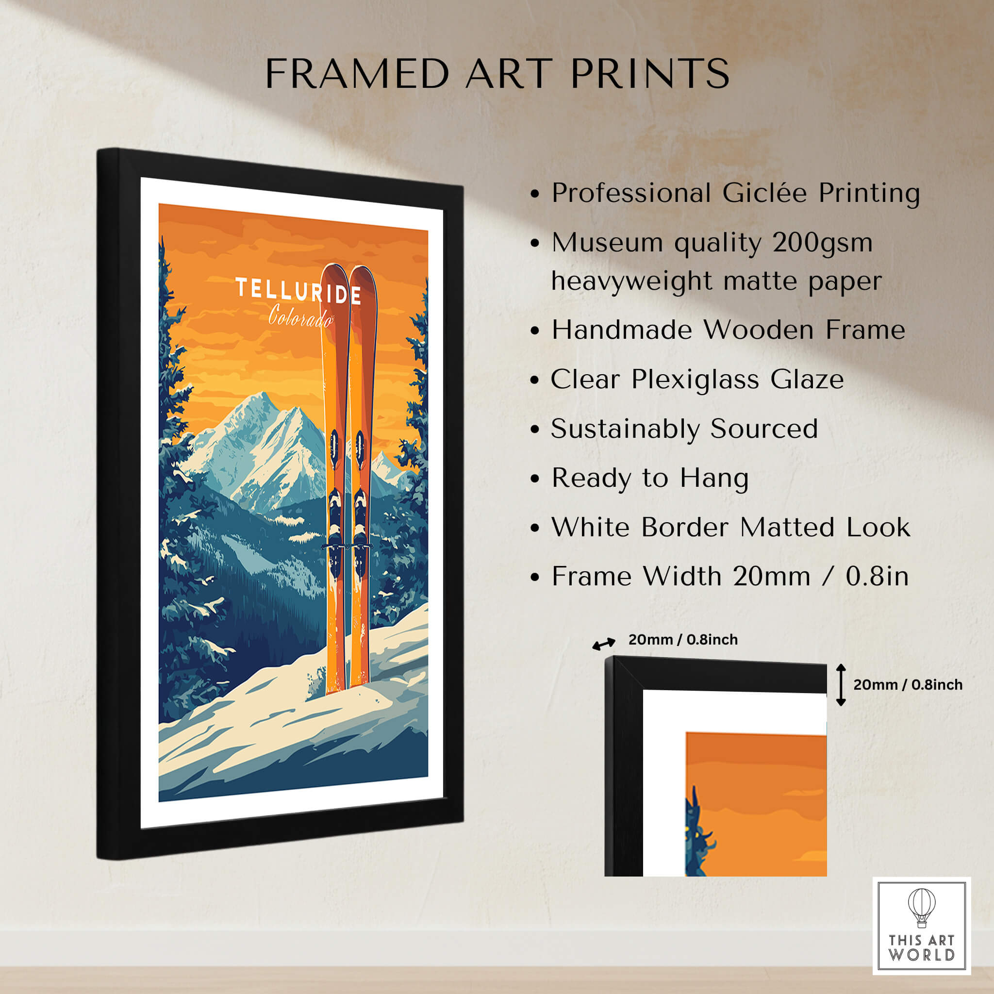 Telluride Travel Poster - Colorado framed art print showcasing ski scene in a vibrant design.