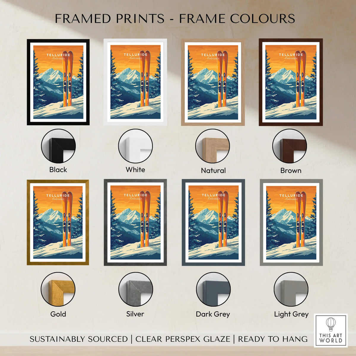 Telluride Travel Poster - Colorado framed prints options in various colors including Black, White, Natural, Brown, Gold, Silver, Dark Grey, Light Grey.