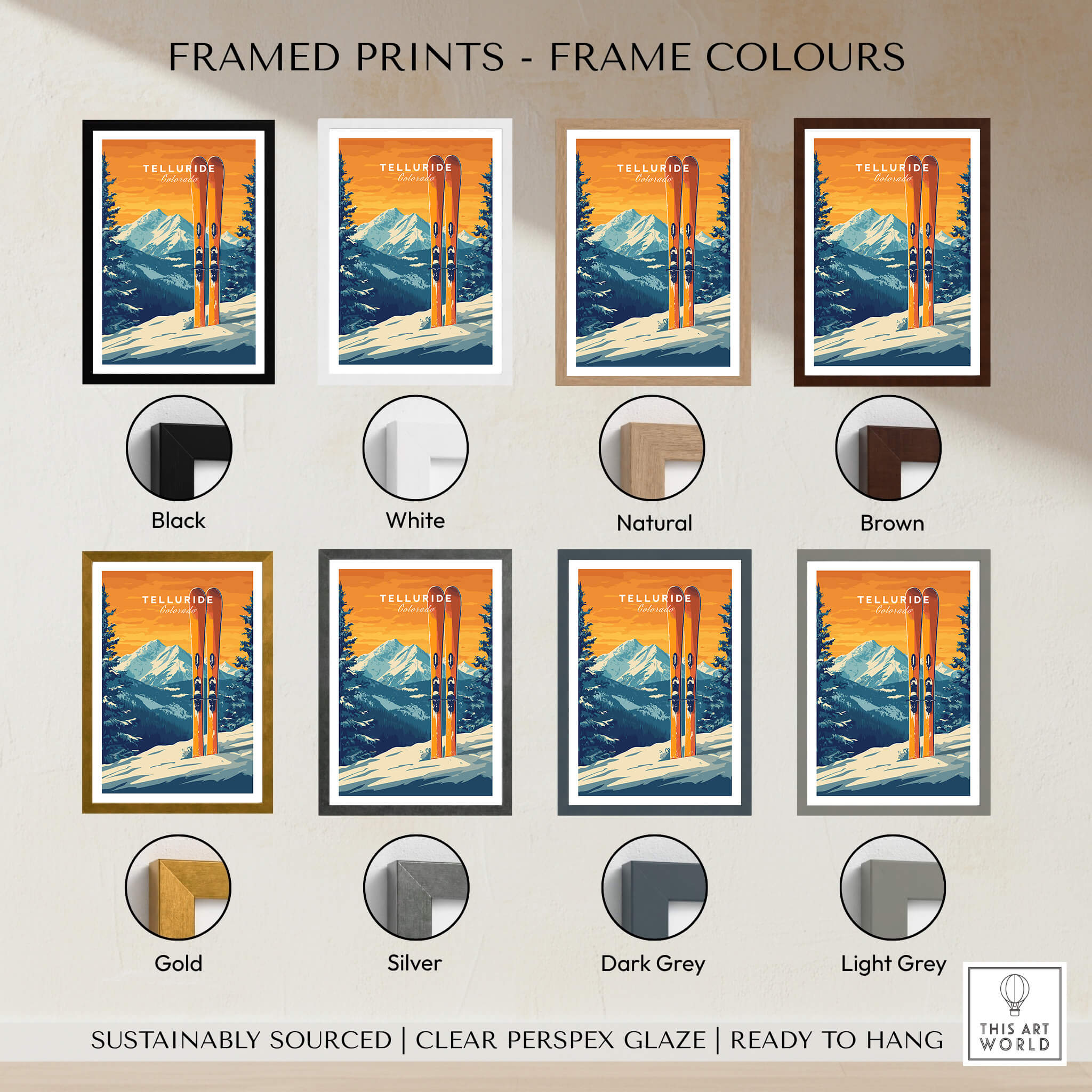 Telluride Travel Poster - Colorado framed prints options in various colors including Black, White, Natural, Brown, Gold, Silver, Dark Grey, Light Grey.