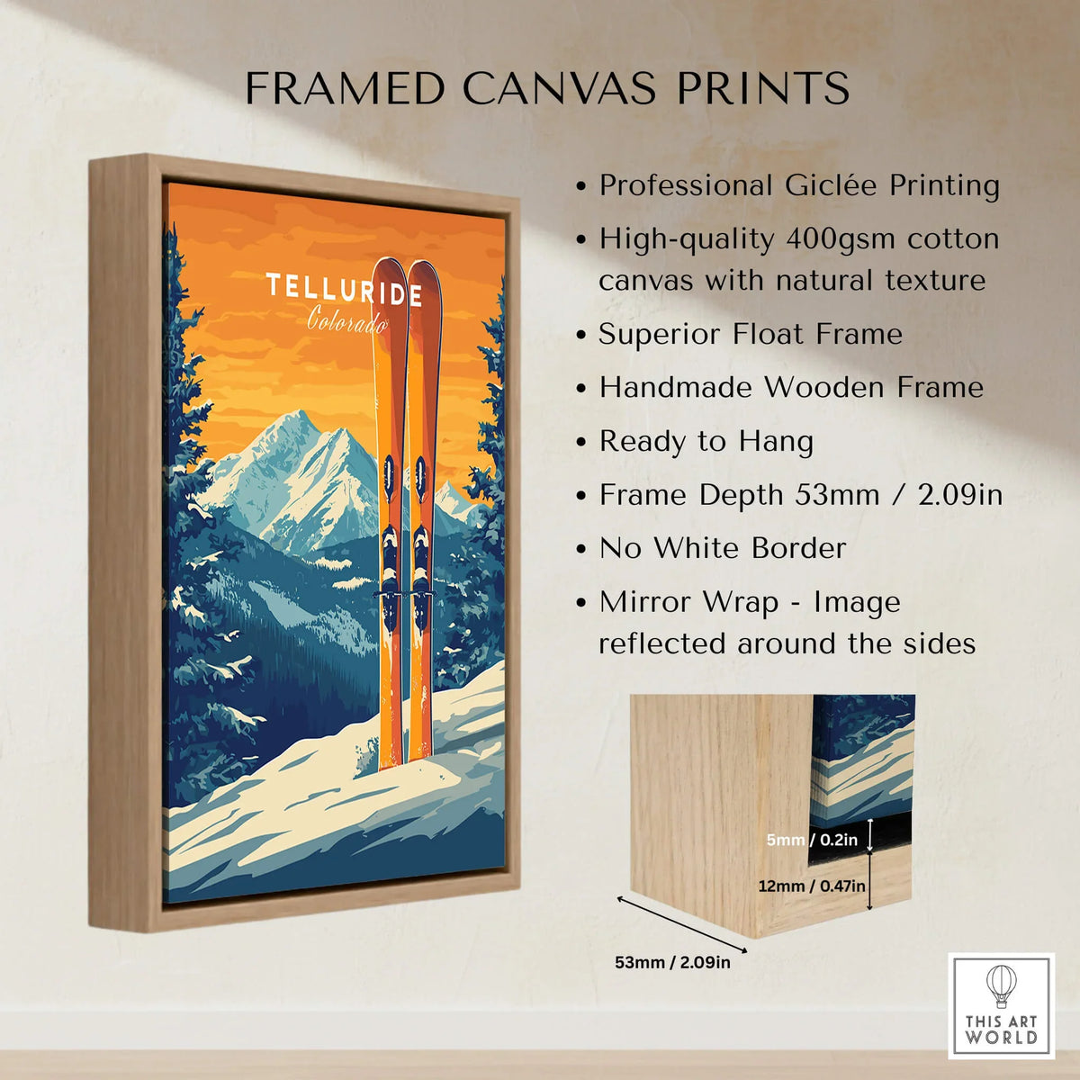 Telluride Travel Poster - Colorado framed canvas print showcasing skis and mountain scenery.