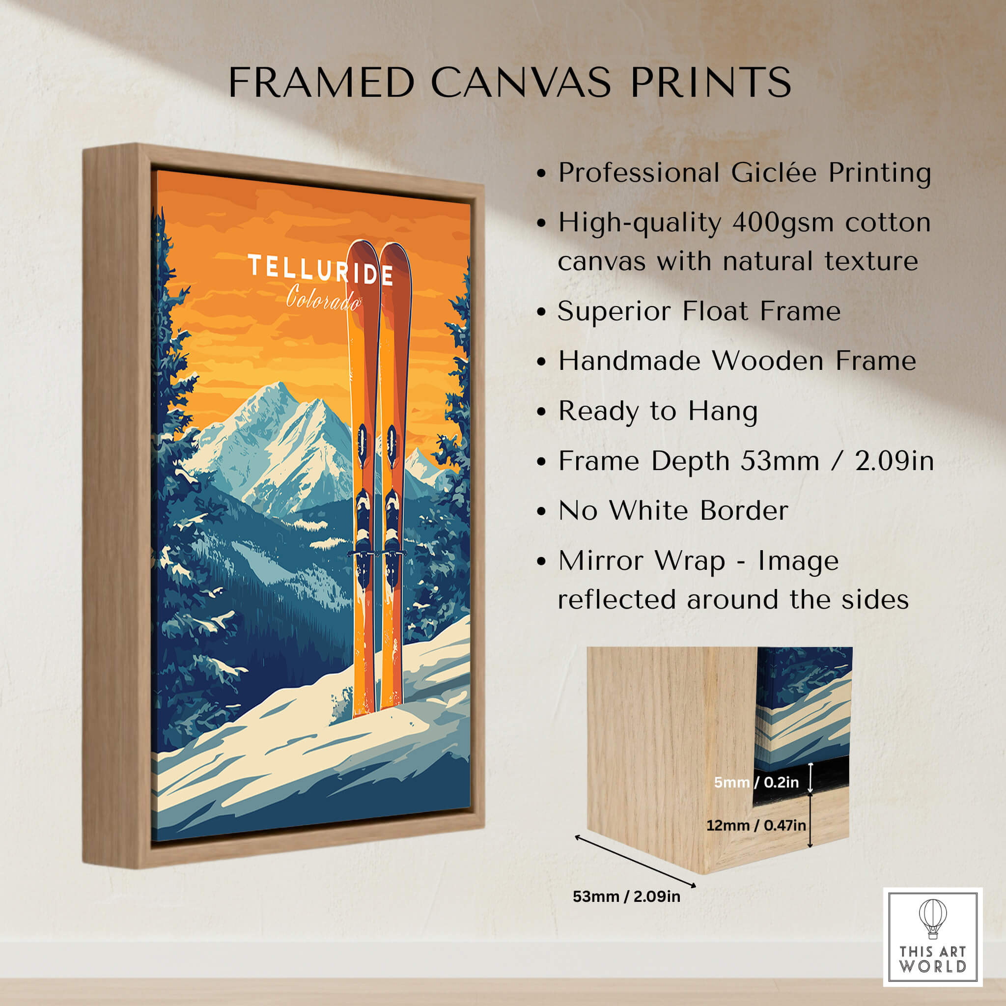 Telluride Travel Poster - Colorado framed canvas print showcasing skis and mountain scenery.