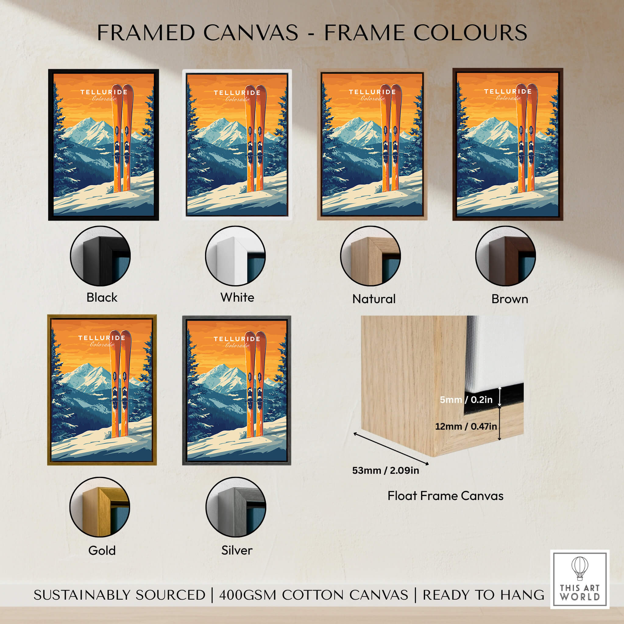 Framed Telluride Travel Poster - Colorado in various frame colors including black, white, natural, brown, gold, and silver.