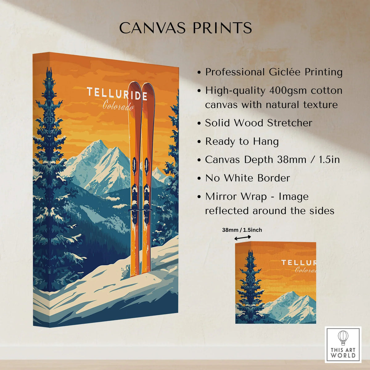 Telluride Travel Poster - Colorado featuring vibrant ski print and mountain landscape in a canvas format.