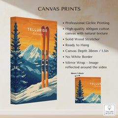 Telluride Travel Poster - Colorado featuring vibrant ski print and mountain landscape in a canvas format.