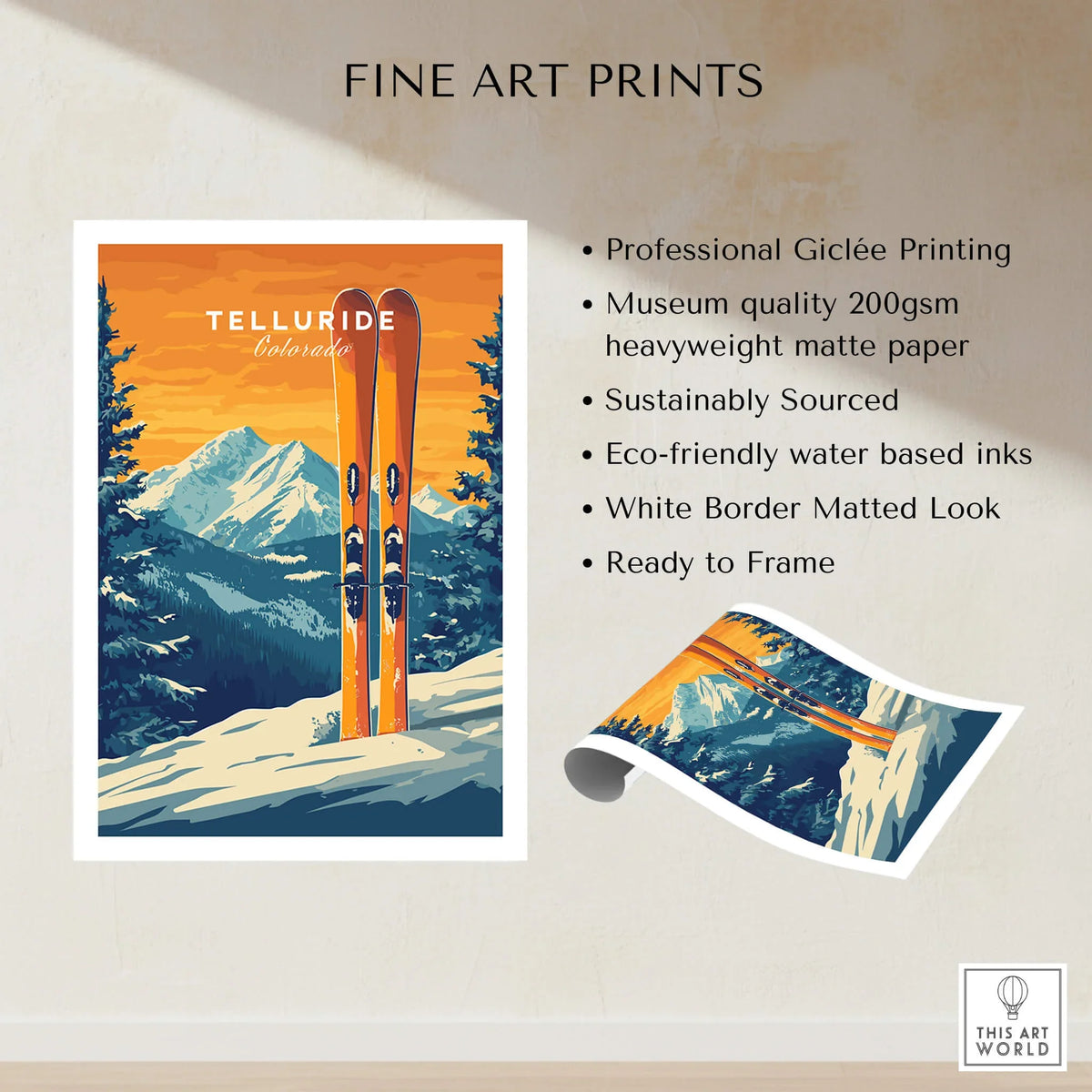 Telluride Travel Poster - Colorado showcasing vibrant ski prints and stunning mountain scenery.